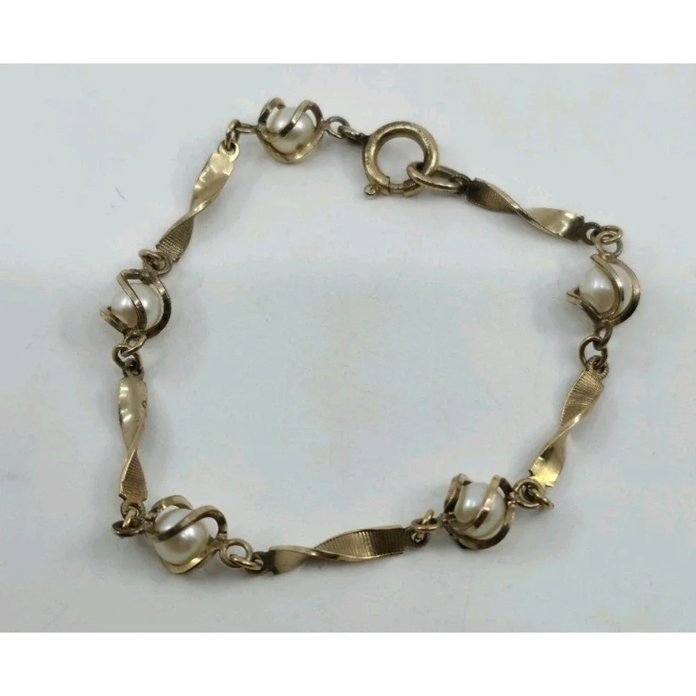 Vintage Van Dell 1/20 12K GF Gold Filled Twisted Link Caged Pearl Bracelet
